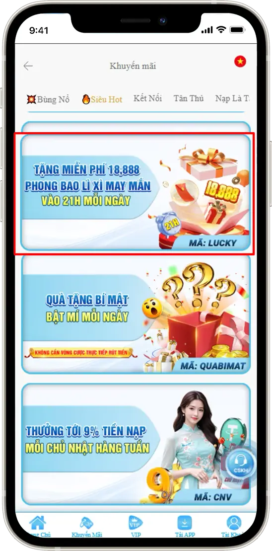 Bước 2: Tại mục Siêu Hot » Chọn mã LUCKY